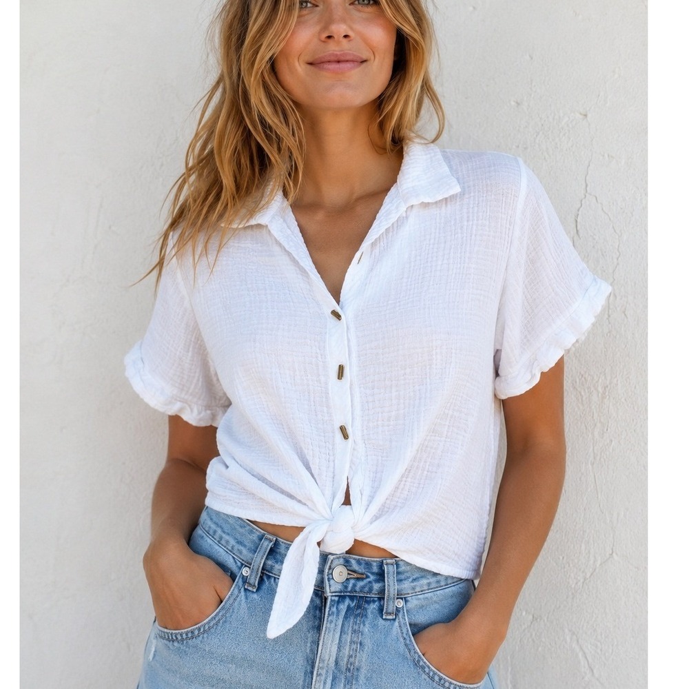 Kirious Los‎ Angeles White Gauze Cotton Short Sleeve Tie Front Top Large Classic